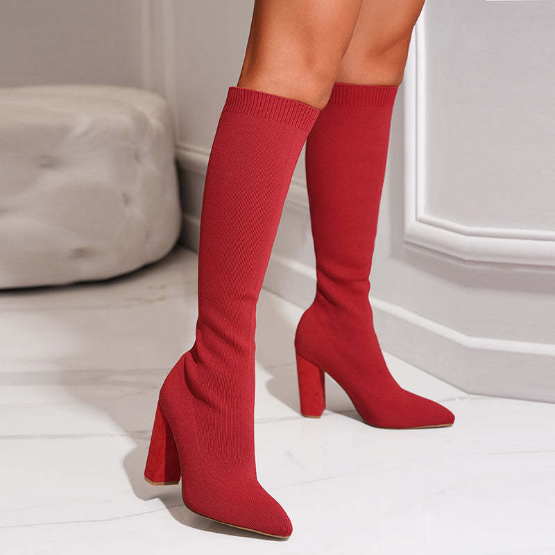 Women’s Knitted Sock Boots with Block Heel