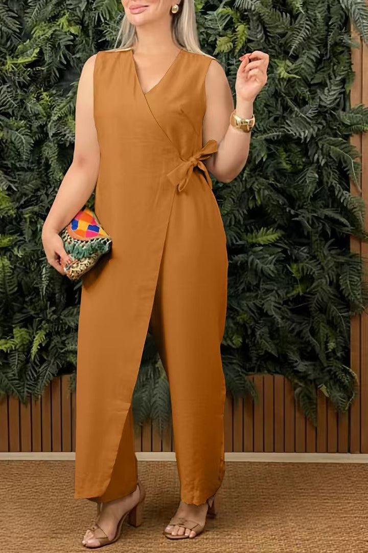 Women's casual jumpsuit with V-neck and crisscross straps