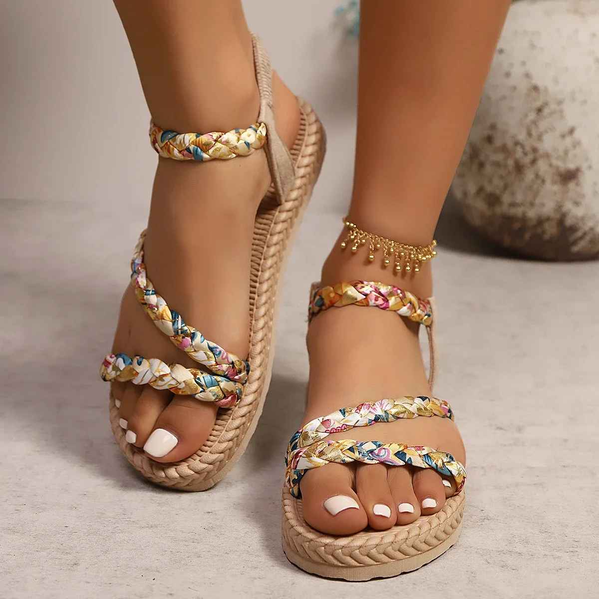 Floral Braided Flat Sandals