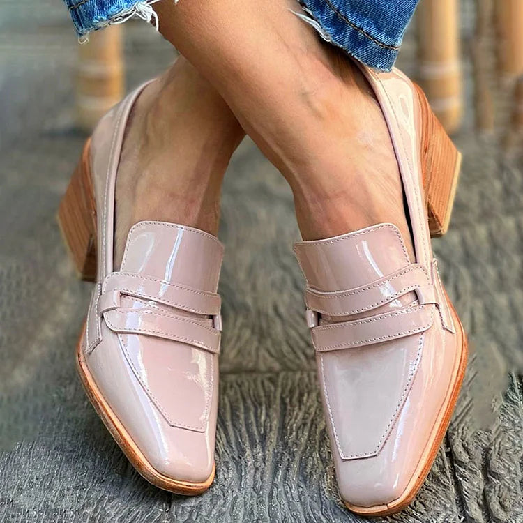 REAL LEATHER MOCASSINS WITH WIDE HEEL SHINY