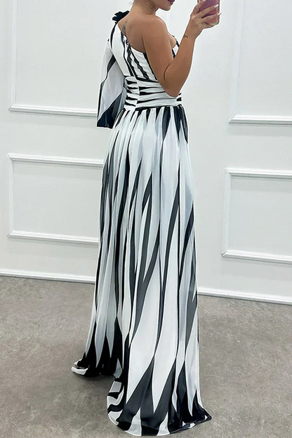 Elegant Striped Maxi Dress with One Shoulder
