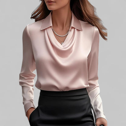 Rosa | Blusas de satén de manga larga con cuello drapeado para mujer