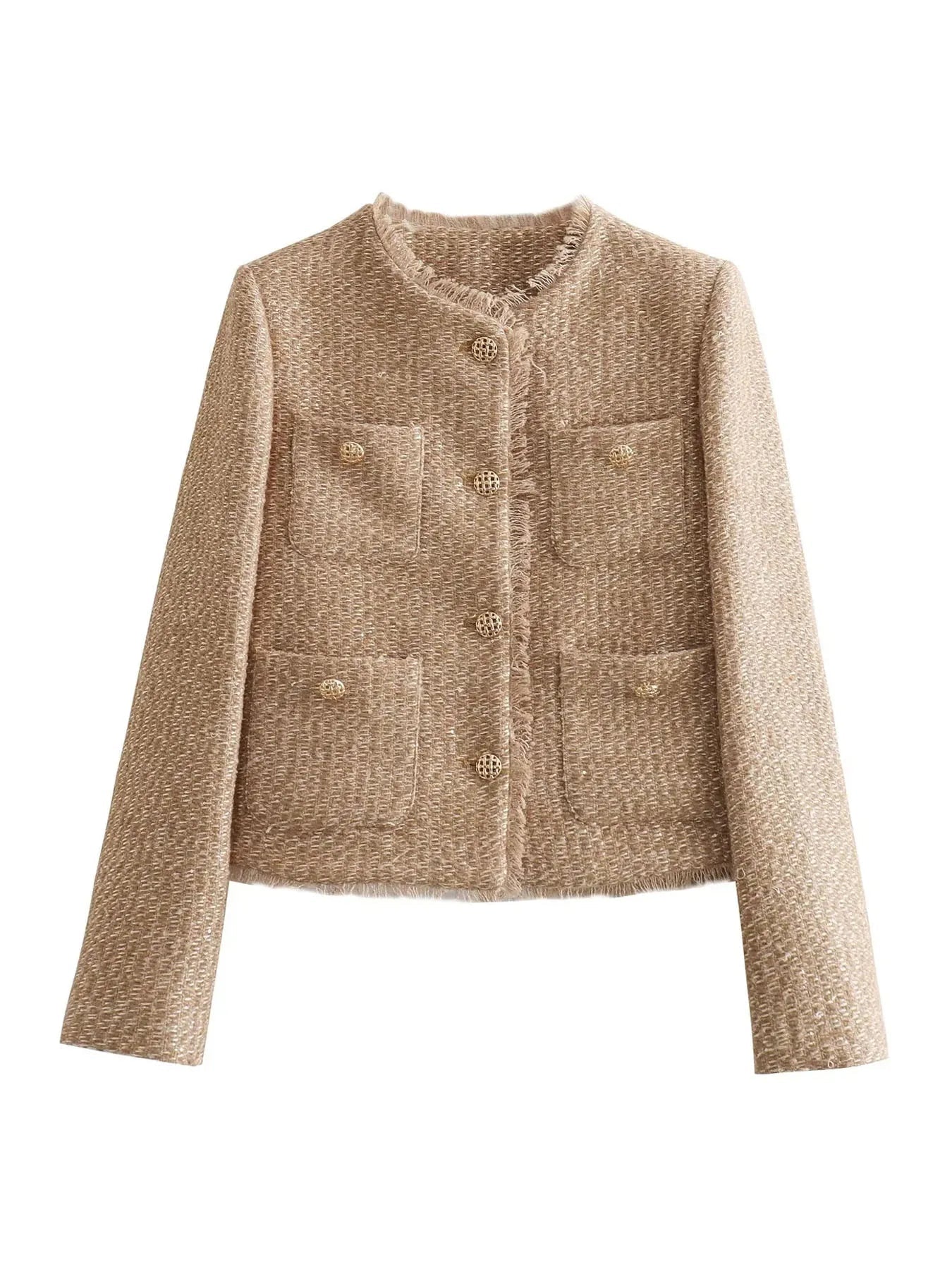 Short Tweed Blazer Jacket with Buttons for Women