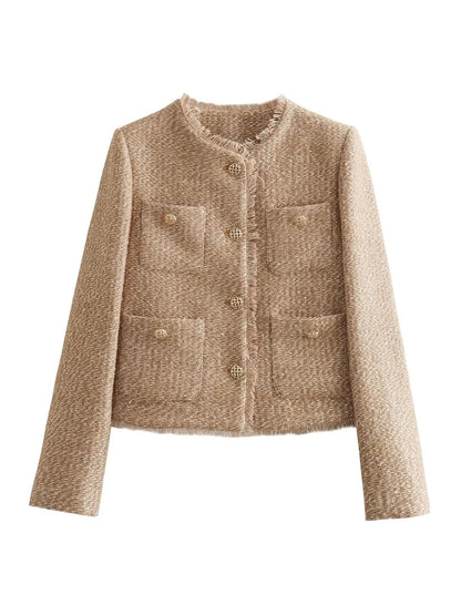Short Tweed Blazer Jacket with Buttons for Women