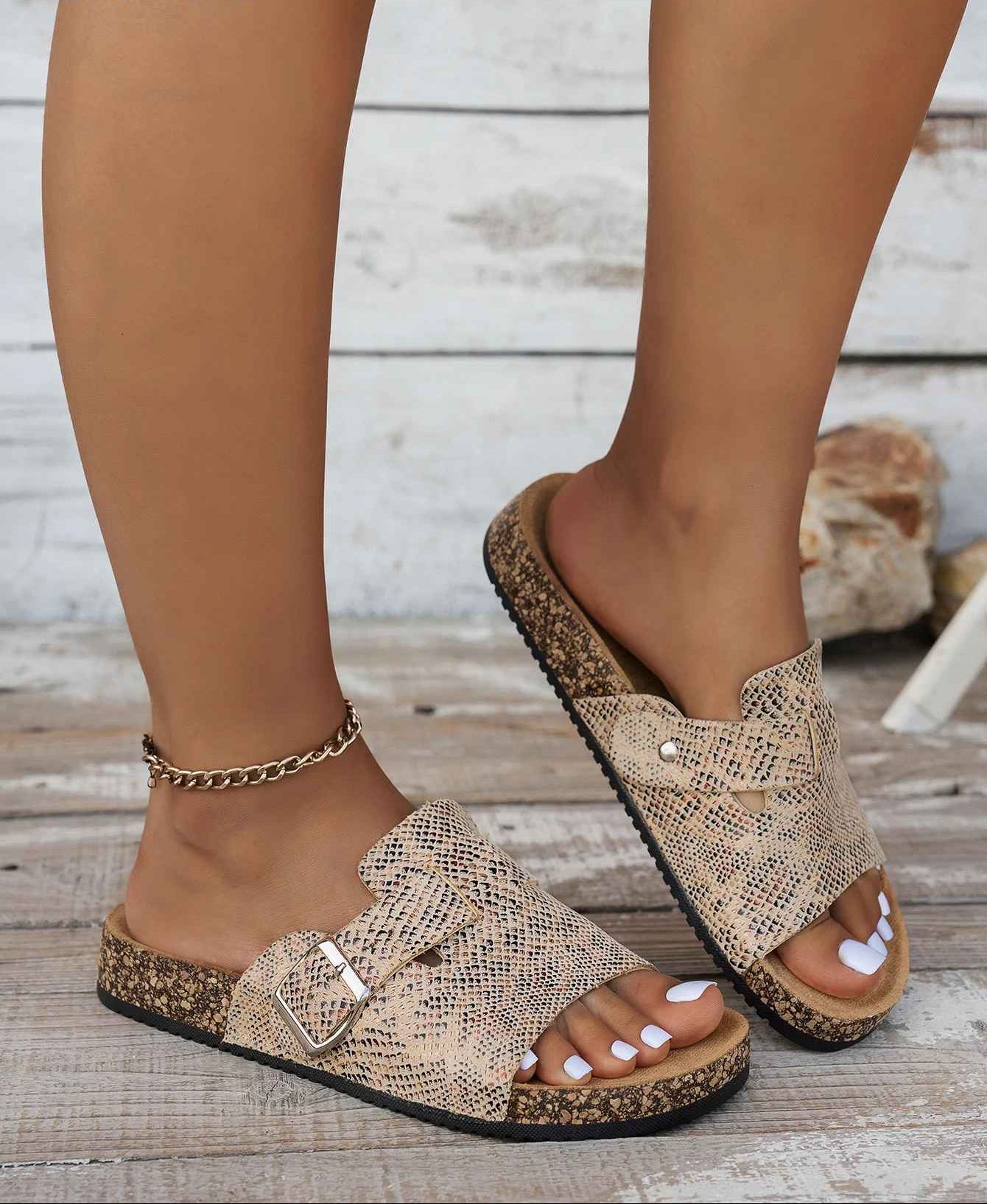 Snake Print Buckle Slide Sandals