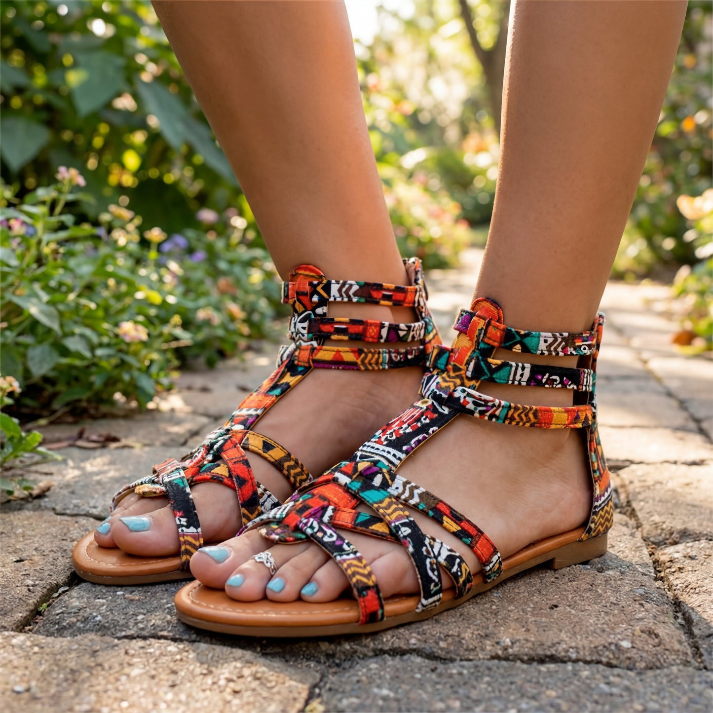 Sandalias gladiadoras bohemias con cremallera trasera