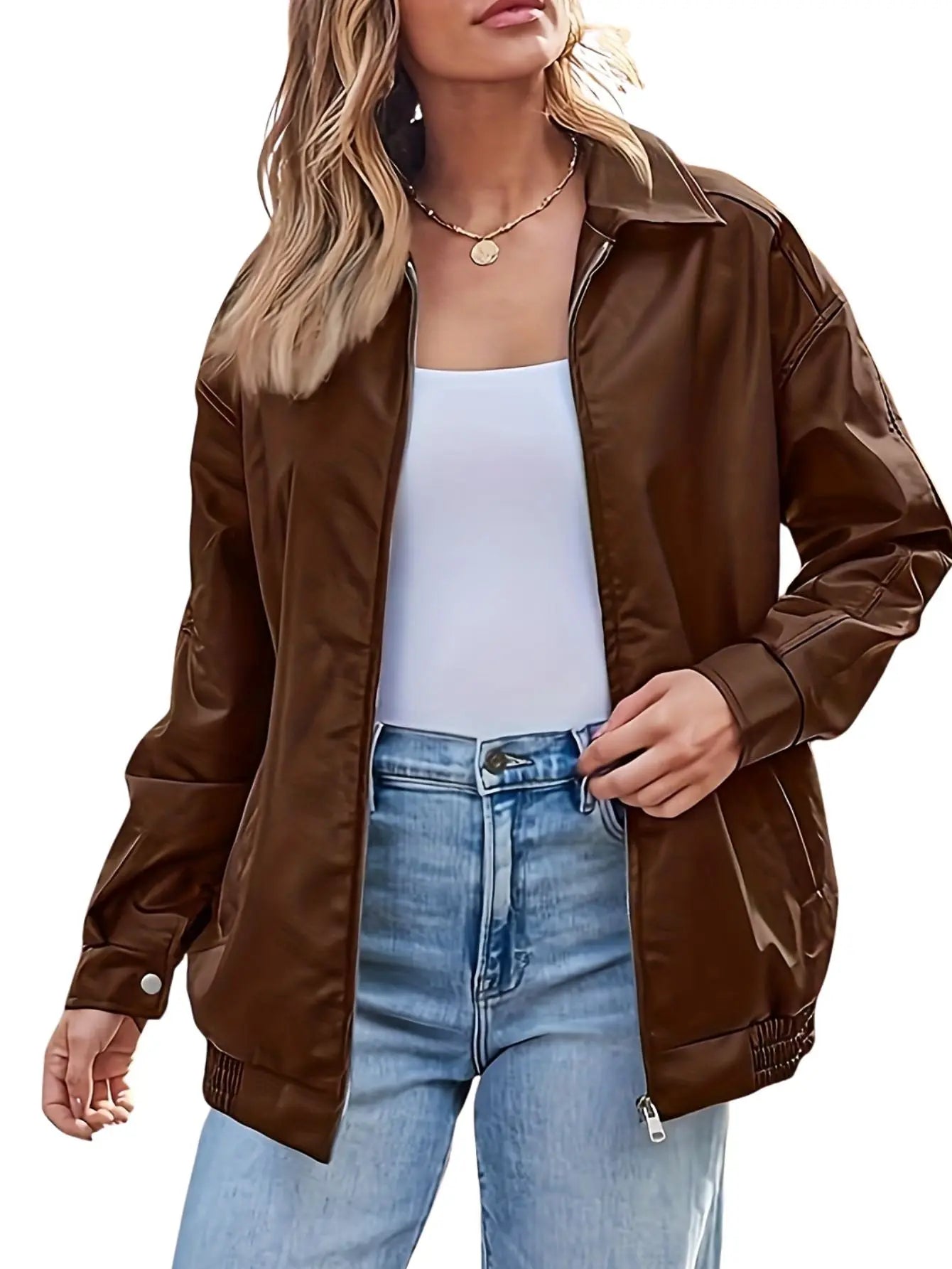 Rosa | Chaqueta bomber clásica de cuero de gran tamaño para mujer