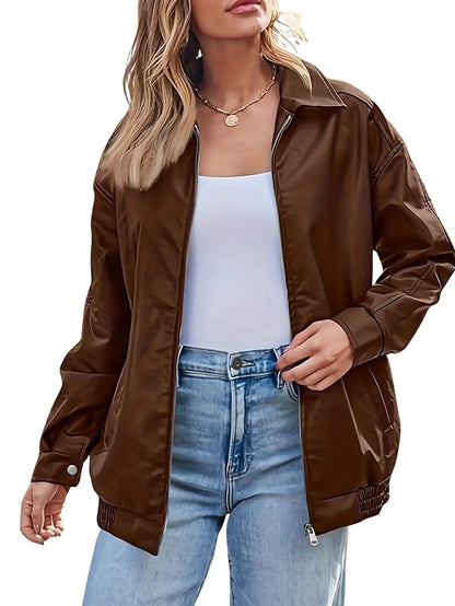 Rosa | Chaqueta bomber clásica de cuero de gran tamaño para mujer
