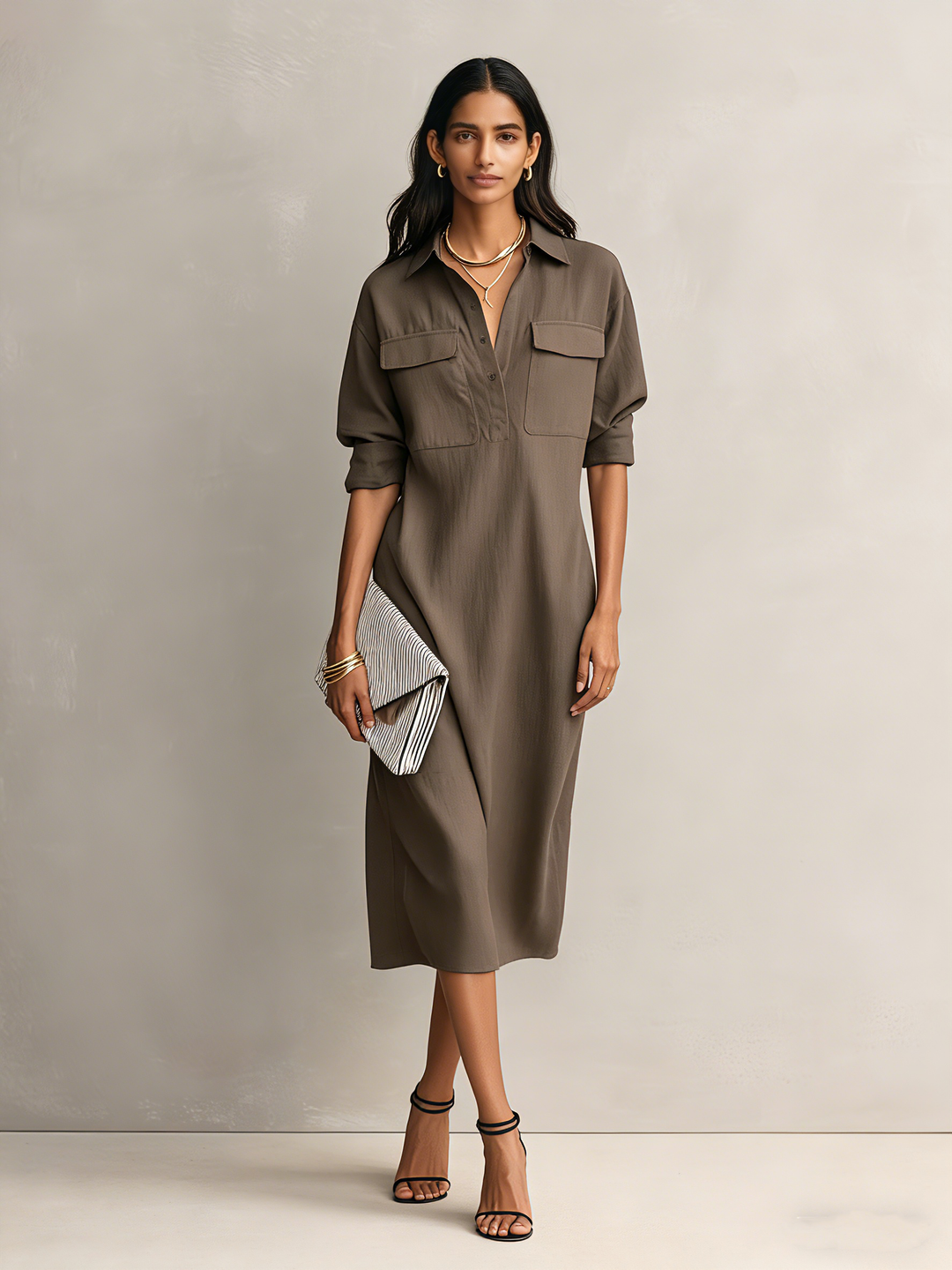 Women's Elegant Black Cotton-linen Blend Shirt Collar Short-sleeved Midi Dress