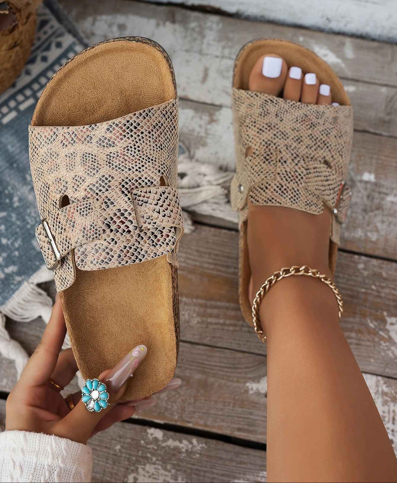 Snake Print Buckle Slide Sandals