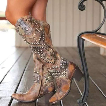 Women’s Studded Cowboy Boots with Chunky Heel