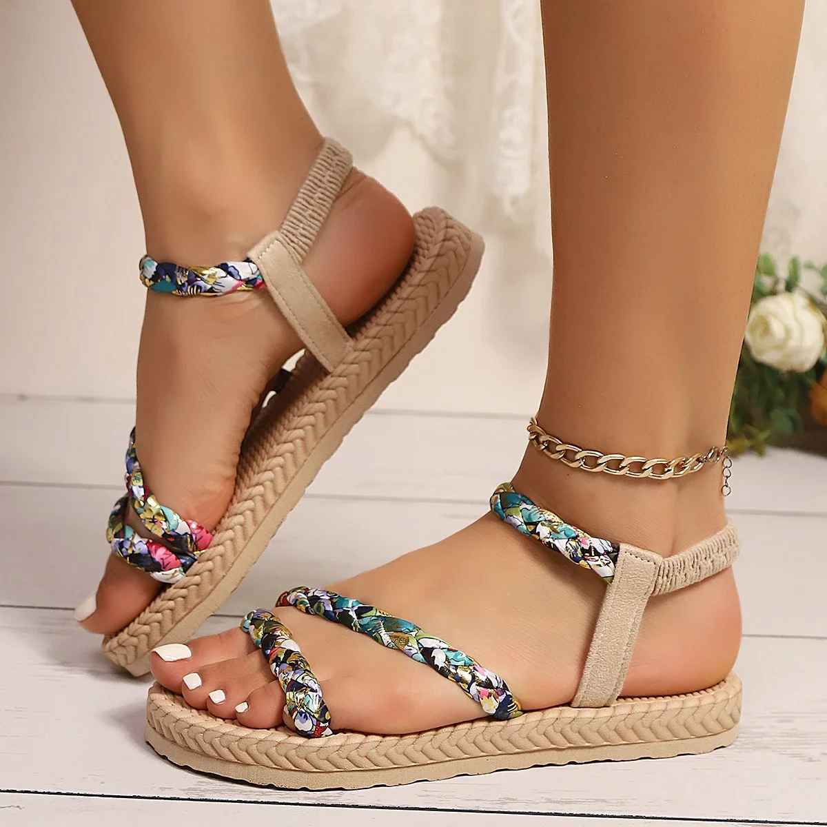 Floral Braided Flat Sandals