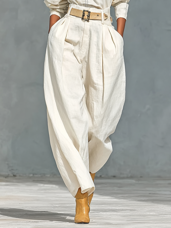Women's Fashion Cotton And Linen Blend Crew Neck Long Sleeve Shirt Loose Trousers Set (belt Not Included)