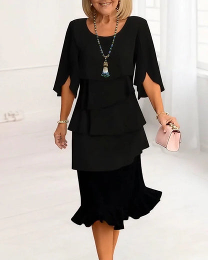 Elegante Vestido con Volantes y Cuello Redondo