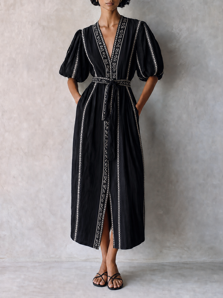 Women's Bohemian Black Cotton Blend V-Neck Puff Sleeve Geometric Embroidery Belted Midi Dress