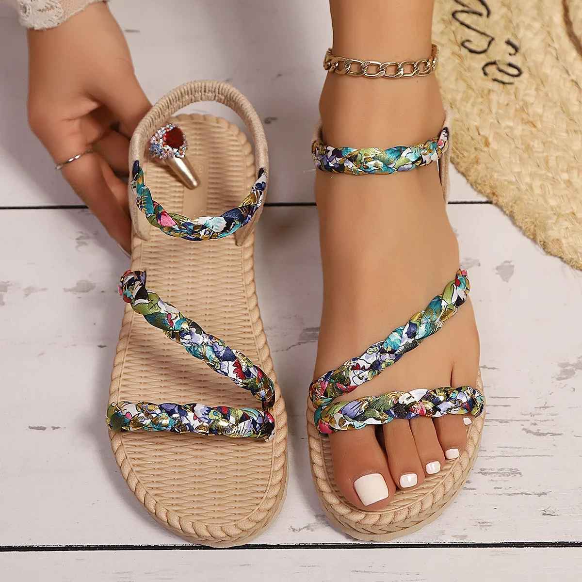 Floral Braided Flat Sandals