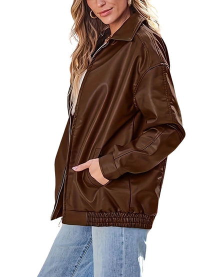 Rosa | Chaqueta bomber clásica de cuero de gran tamaño para mujer