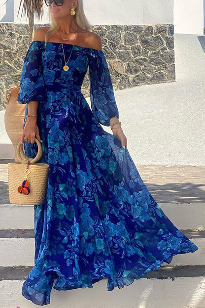 Long dress with floral print and off-the-shoulder sleeves