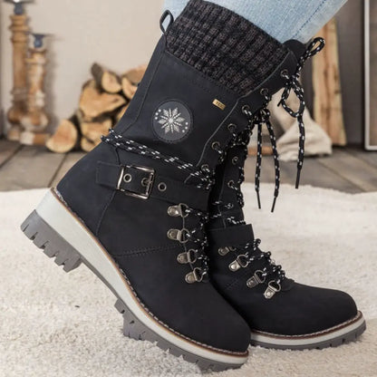 Women's Winter Lace-Up Snow Boots – Knit Cuff & Buckle – Anti-Slip Sole