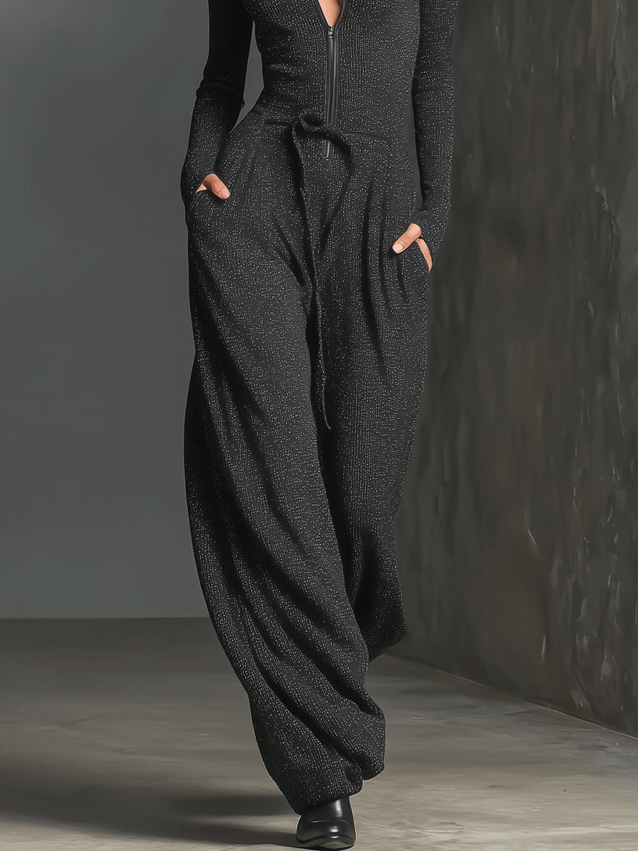 Women's Elegant Knit Sparkling Zipper Front Jumpsuit
