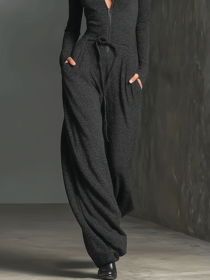 Women's Elegant Knit Sparkling Zipper Front Jumpsuit