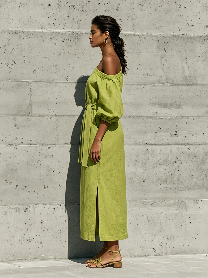 Women’s Lime Green Linen-Blend Off-The-Shoulder Puff Sleeve Tie Waist Midi Dress With Side Slit