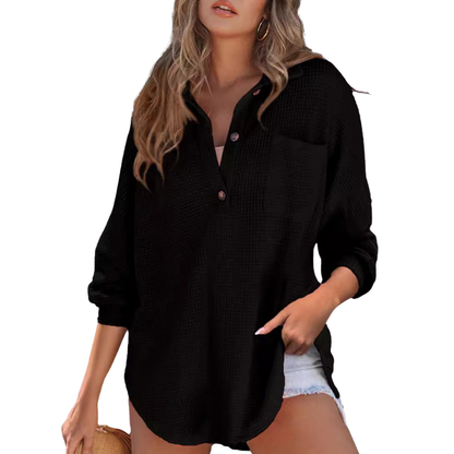 Casual Lightweight Button V Neck Tunic Blouse