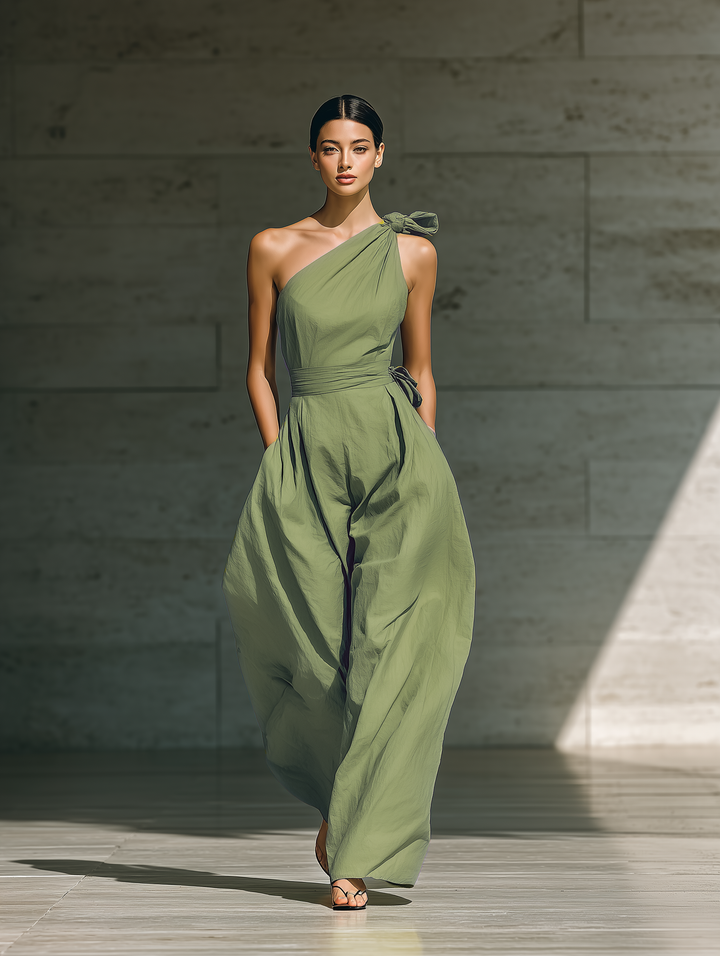 Women's Light Green Cotton And Linen Blend One-Shoulder Wide-Leg Jumpsuit With Tie Waist
