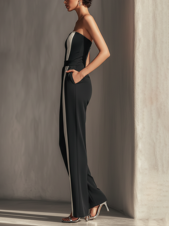Women's Black Strapless Jumpsuit With Contrast White Vertical Stripe & Side Pockets
