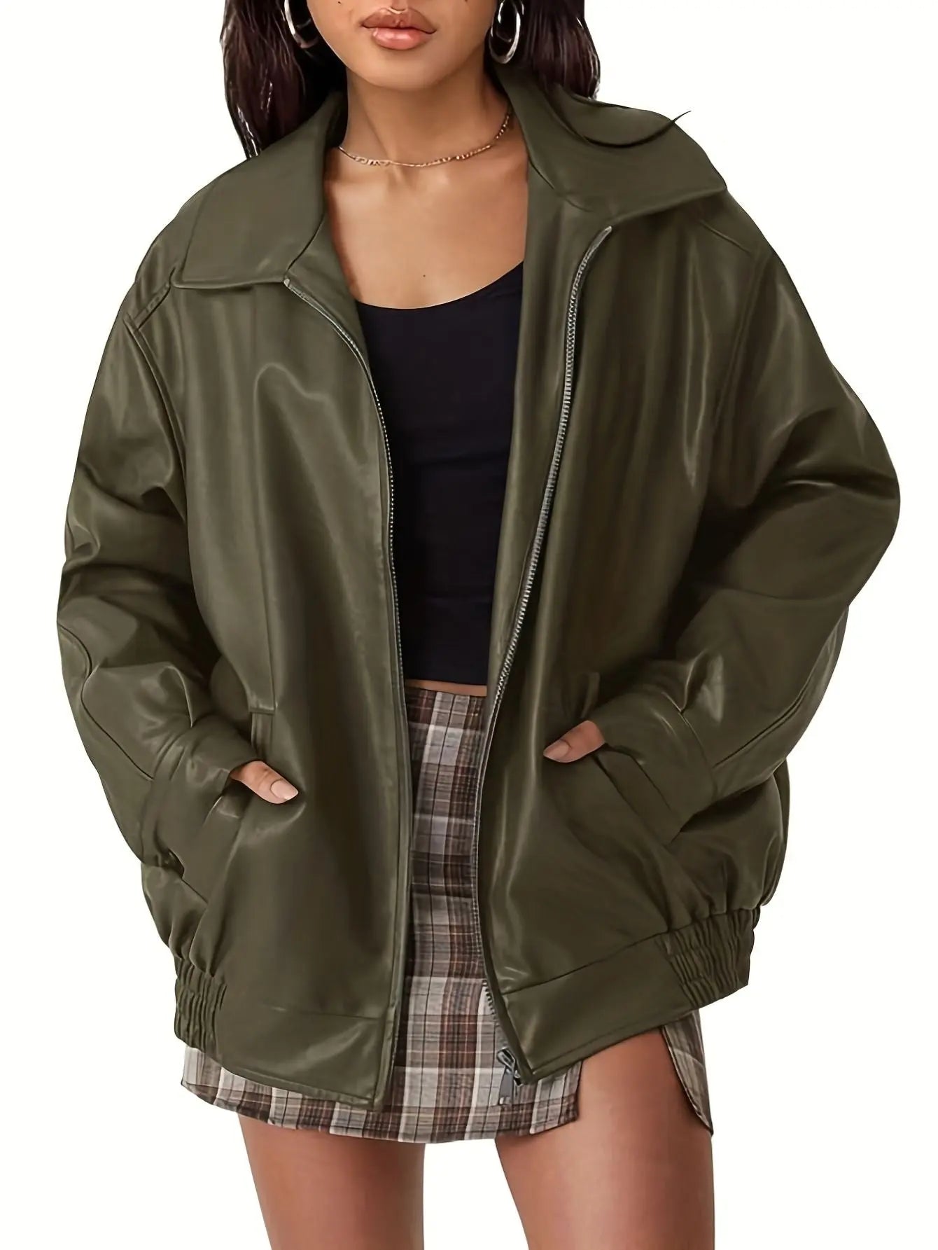 Rosa | Chaqueta bomber clásica de cuero de gran tamaño para mujer