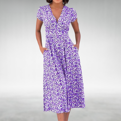 Alice | Vestido midi floral con cuello en V y bolsillos para mujer