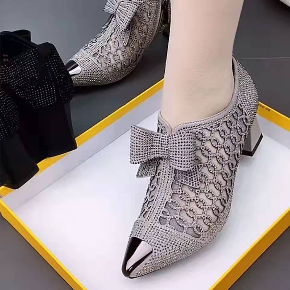 2024 Summer Casual Rhinestone Hollow Chunky Heel Shoes and New Belt Buckle Solid Color Plus Size Women's Sandals