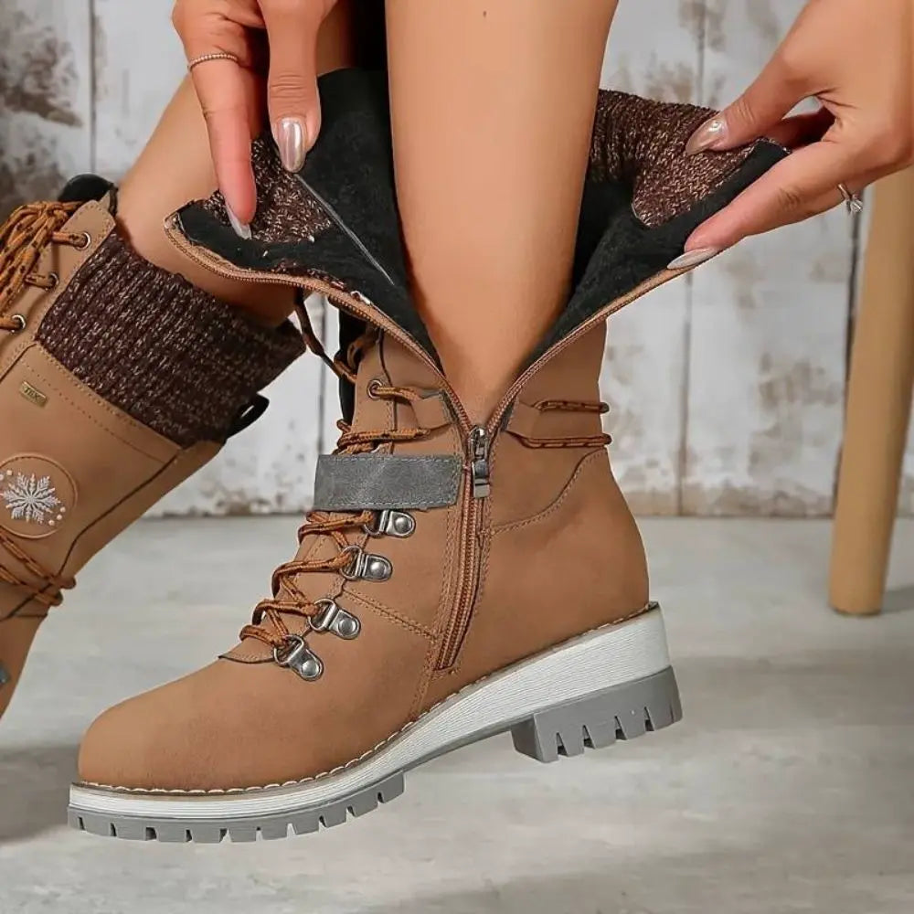 Women's Winter Lace-Up Snow Boots – Knit Cuff & Buckle – Anti-Slip Sole