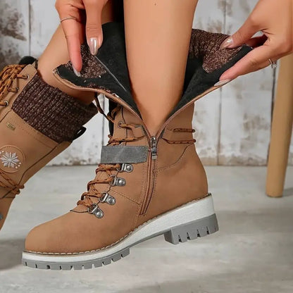 Women's Winter Lace-Up Snow Boots – Knit Cuff & Buckle – Anti-Slip Sole