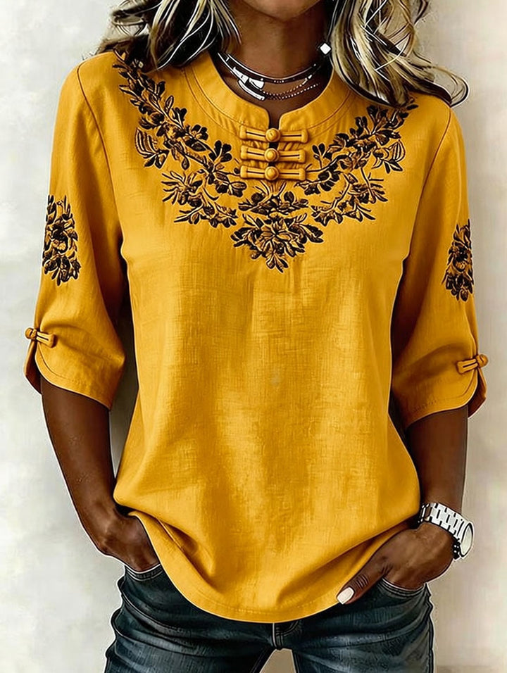 Women's Retro Cotton Linen Flower Green Printing Design Casual T-Shirt