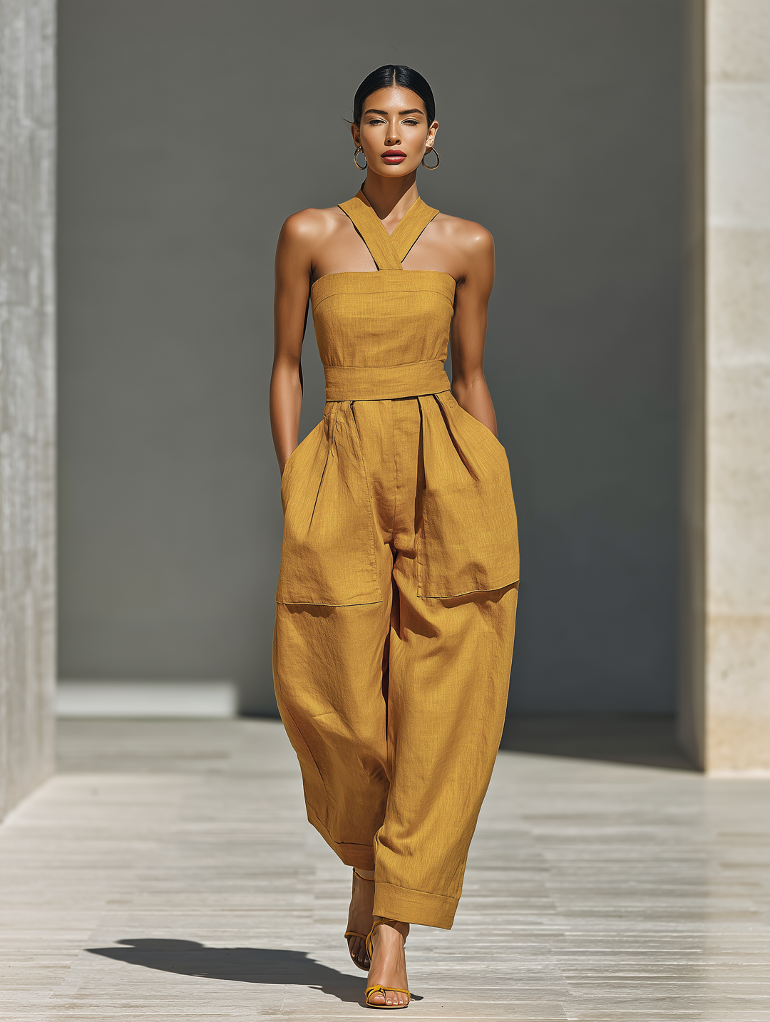 Women's Mustard Yellow Linen-Blend Jumpsuit With Crisscross Neckline & Relaxed Trousers