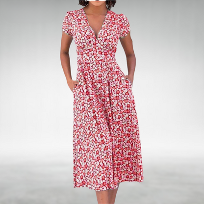Alice | Vestido midi floral con cuello en V y bolsillos para mujer