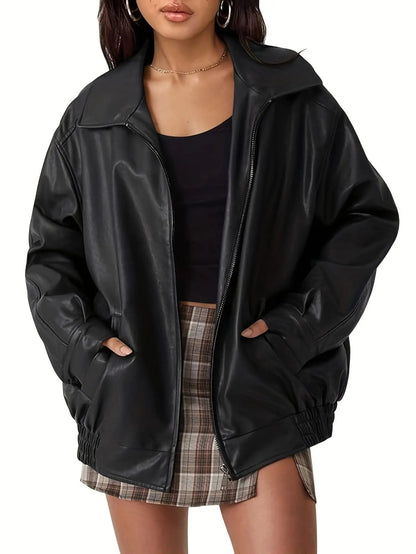 Rosa | Chaqueta bomber clásica de cuero de gran tamaño para mujer