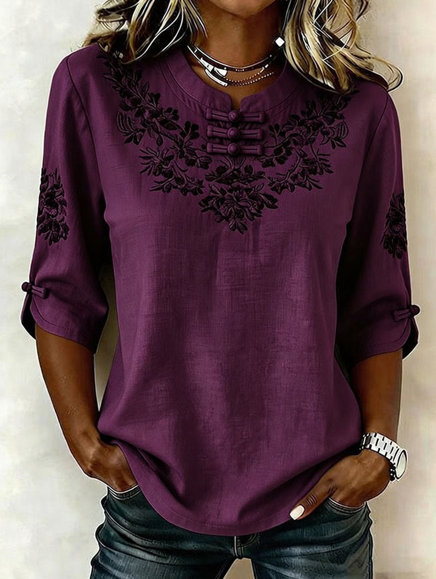Women's Retro Cotton Linen Flower Green Printing Design Casual T-Shirt