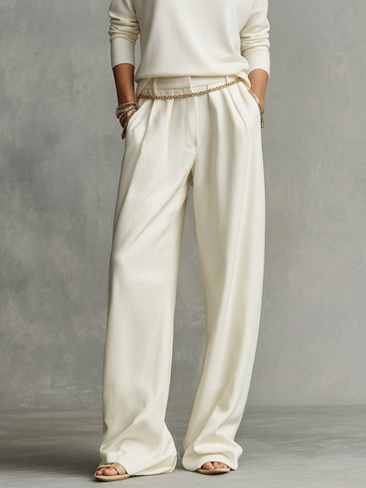 Women's Cream Soft Knit Chic Turtleneck Top & Flowy Wide-Leg Pant Set