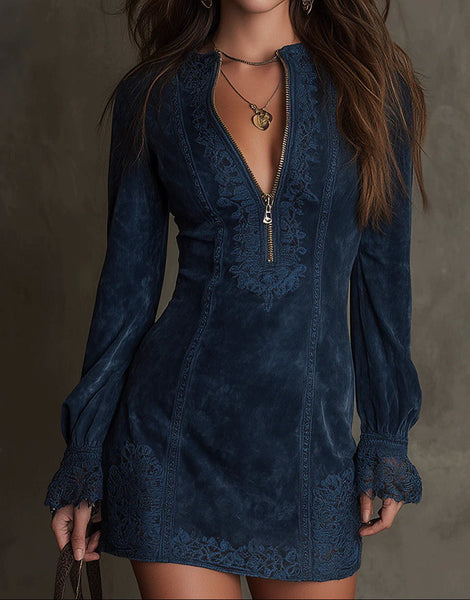 Blue Mini Dress with Lace – Maria & David New York