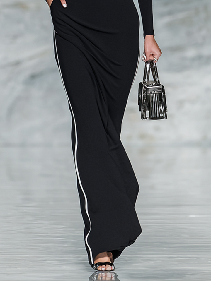 Women's Black And White Trim Square Neck Long Sleeve Tight Maxi Dress