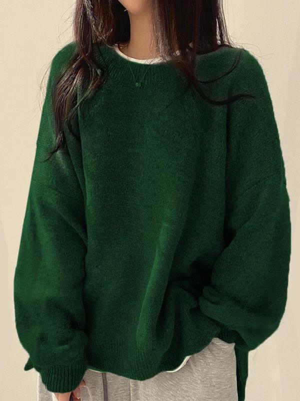 Women's Drop Shoulder Split Hem Round Neck Sweater