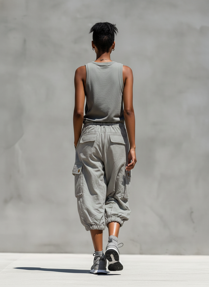 Women’s Grey Sleeveless Tank Top & Cargo Jogger Shorts Two-Piece Set