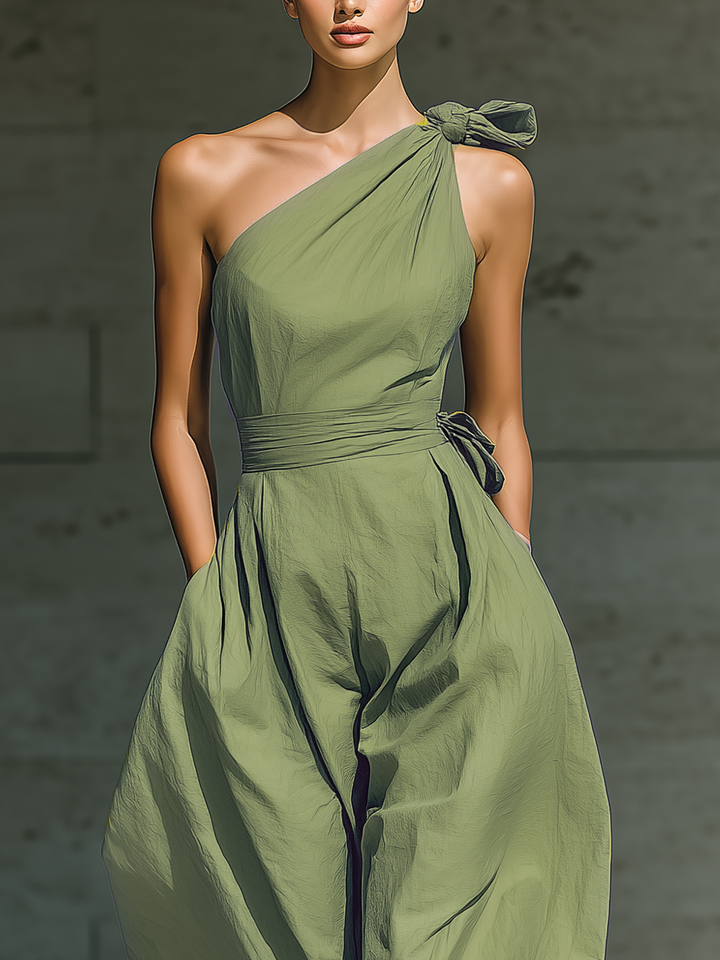 Women's Light Green Cotton And Linen Blend One-Shoulder Wide-Leg Jumpsuit With Tie Waist