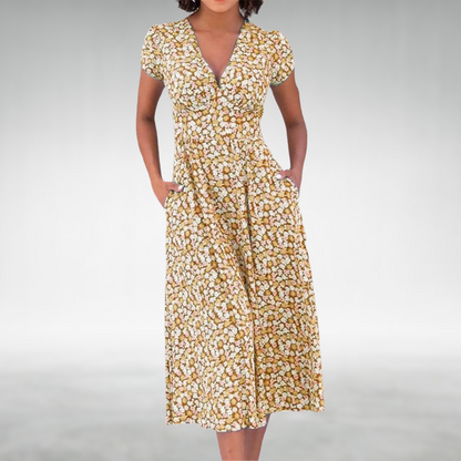Alice | Vestido midi floral con cuello en V y bolsillos para mujer
