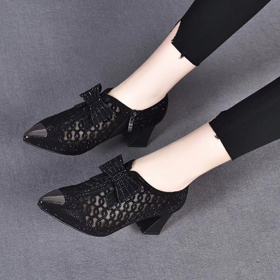 2024 Summer Casual Rhinestone Hollow Chunky Heel Shoes and New Belt Buckle Solid Color Plus Size Women's Sandals
