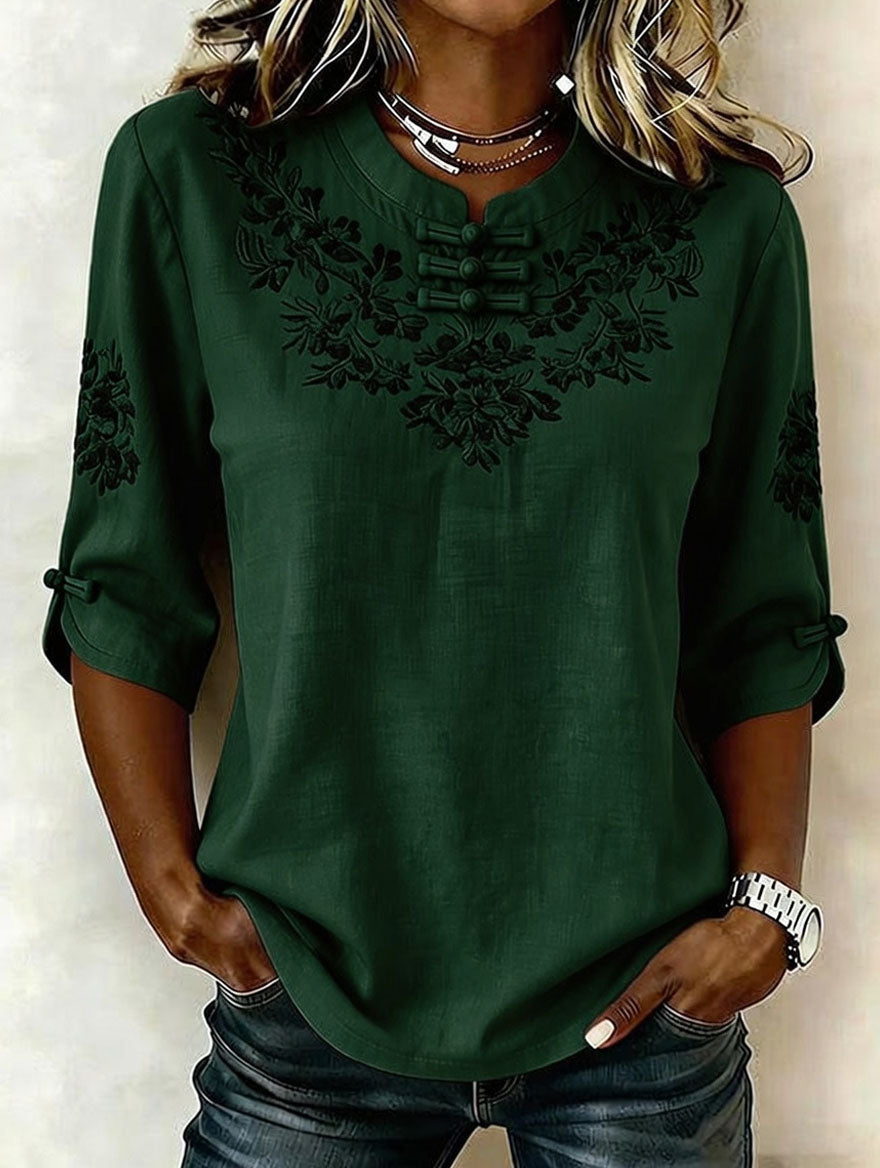 Women's Retro Cotton Linen Flower Green Printing Design Casual T-Shirt