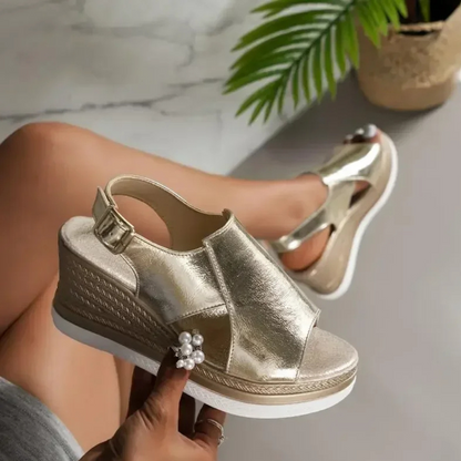 Messina Peep-Toe Buckle Wedge  Sandals