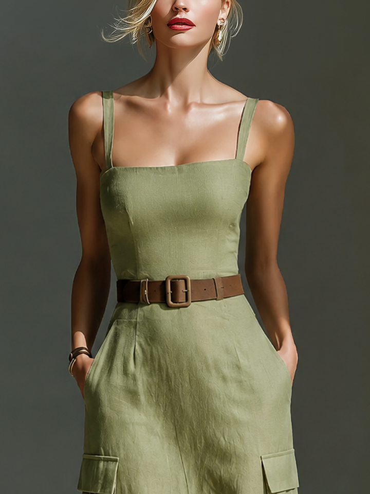 Women's Olive Green Linen Fabric Sleeveless Midi Dress With Cargo Pockets & Belted Waist